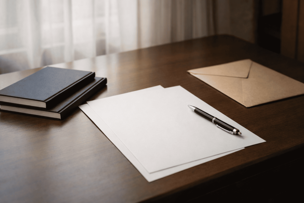 無地の書類と冊子が整然と置かれた机上で、法的手続きや公的な確認作業を連想させる写真