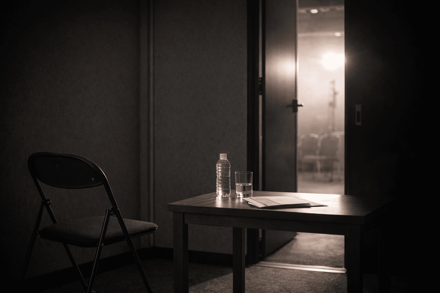 本番前の緊張感が漂う舞台袖の椅子と机