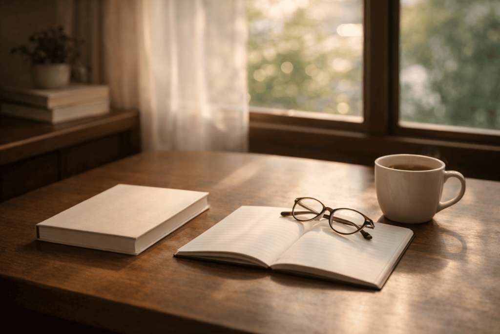 言葉を慈しむ豊かな人生をイメージした静かな書斎の締めビジュアル