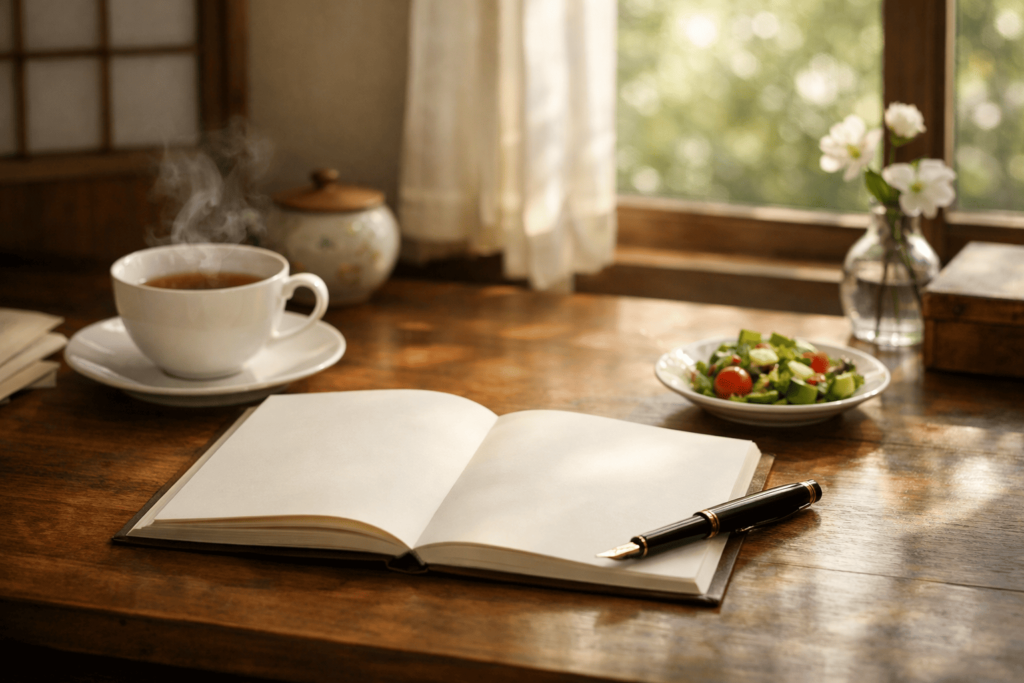 日常の小さな喜びを短歌に変える感性をイメージした書斎デスクの写真