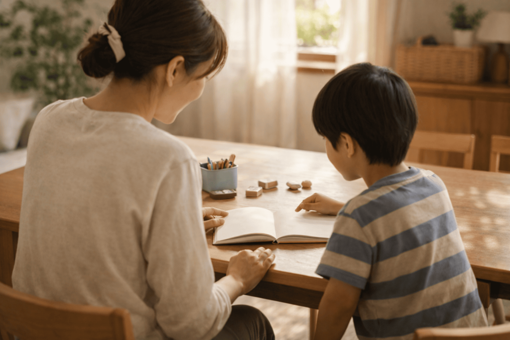 親子で言葉遊びのような時間を楽しむ温かな日常風景