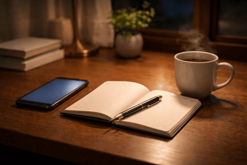 ノートとスマートフォンが並ぶデスクで表現する現代へのしなやかな適応力