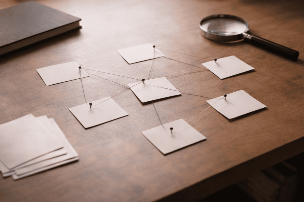 断片的な情報から噂が広がる構造を抽象的に表した机上イメージ