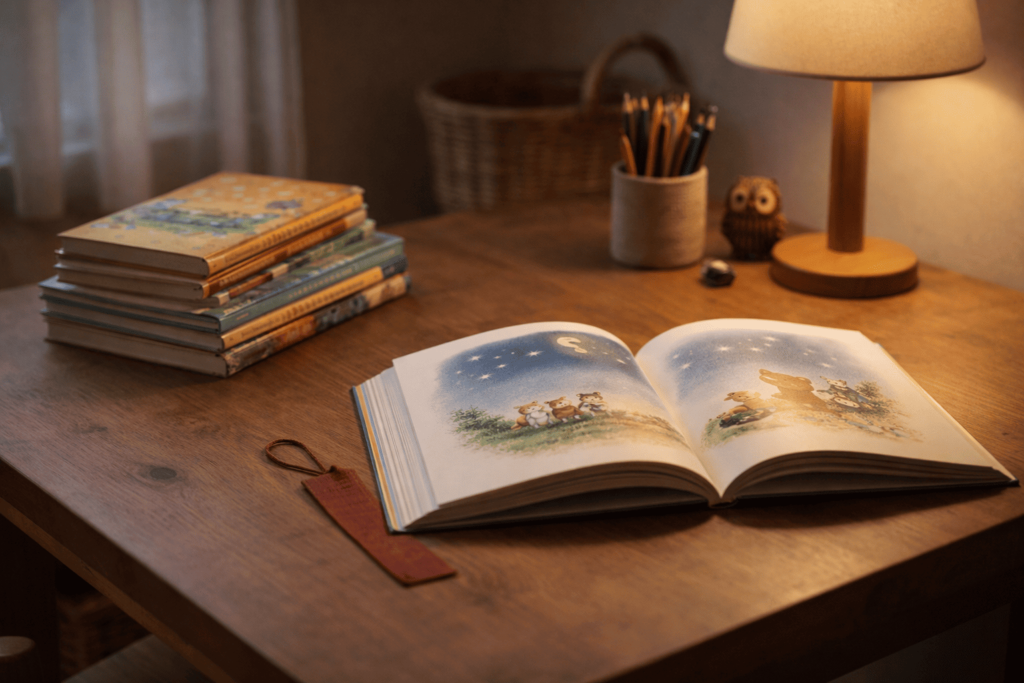 読み聞かせや言葉に親しむ幼少期の教育環境を表した絵本と机の写真