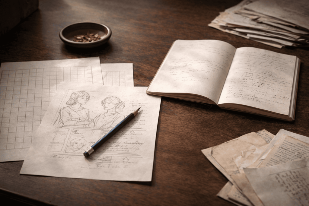 嫉妬ではなく創作の模索と内面的葛藤を表す静かな机のイメージ