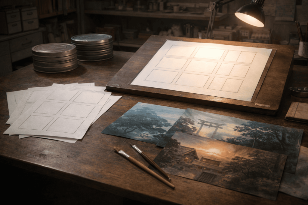 千夜一夜物語の制作現場を思わせる道具で協働関係を表したイメージ