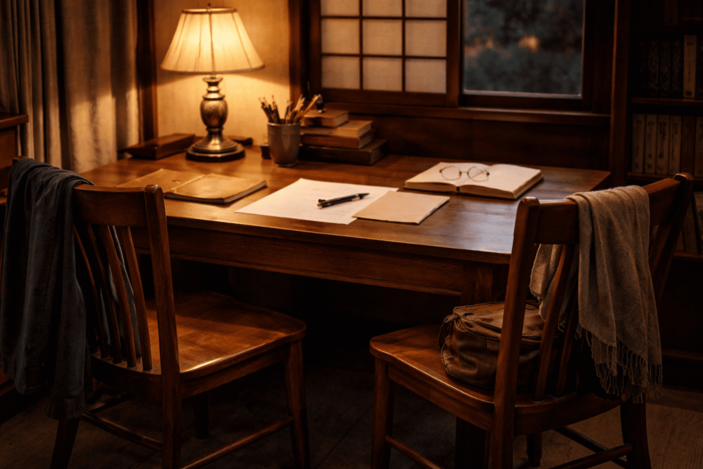 二人の仕事と生活の気配から夫婦の対等な絆を感じさせる静かな室内風景