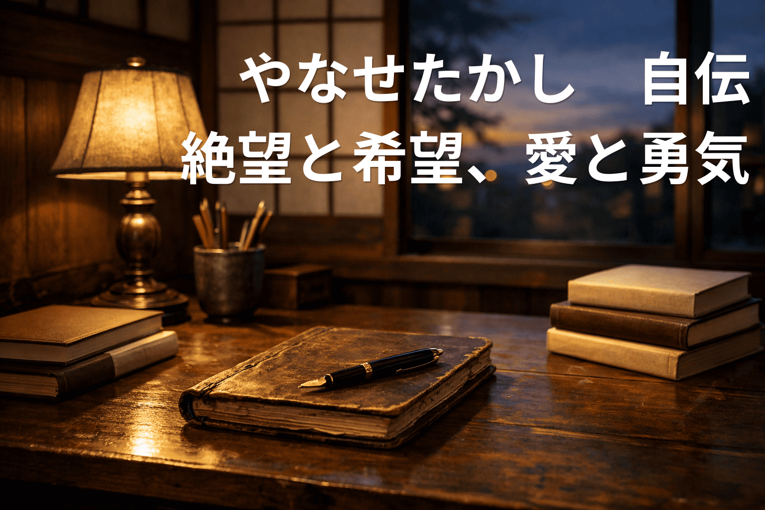 やなせたかしの人生哲学を静かに読み解く雰囲気を表した書斎のデスク風景