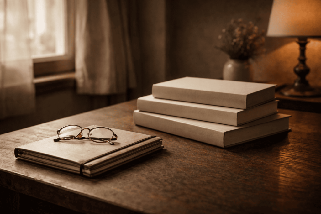 複数の著作から人物の思想と生涯を読み解く余韻を表した窓辺の本の風景