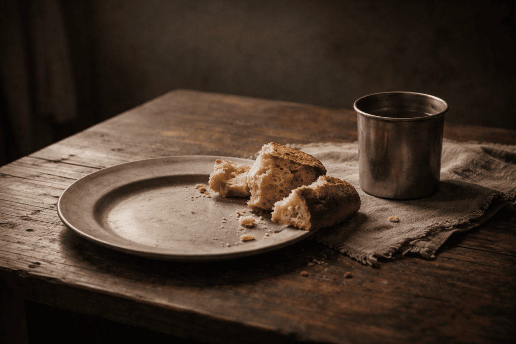 飢えの現実と命をつなぐ食の意味を象徴する素朴なパンの静物写真