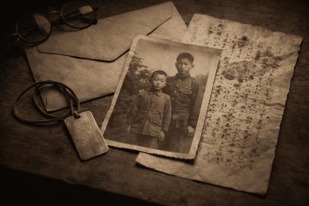 戦争で失った家族への鎮魂を思わせる手紙や遺品風の静物構図