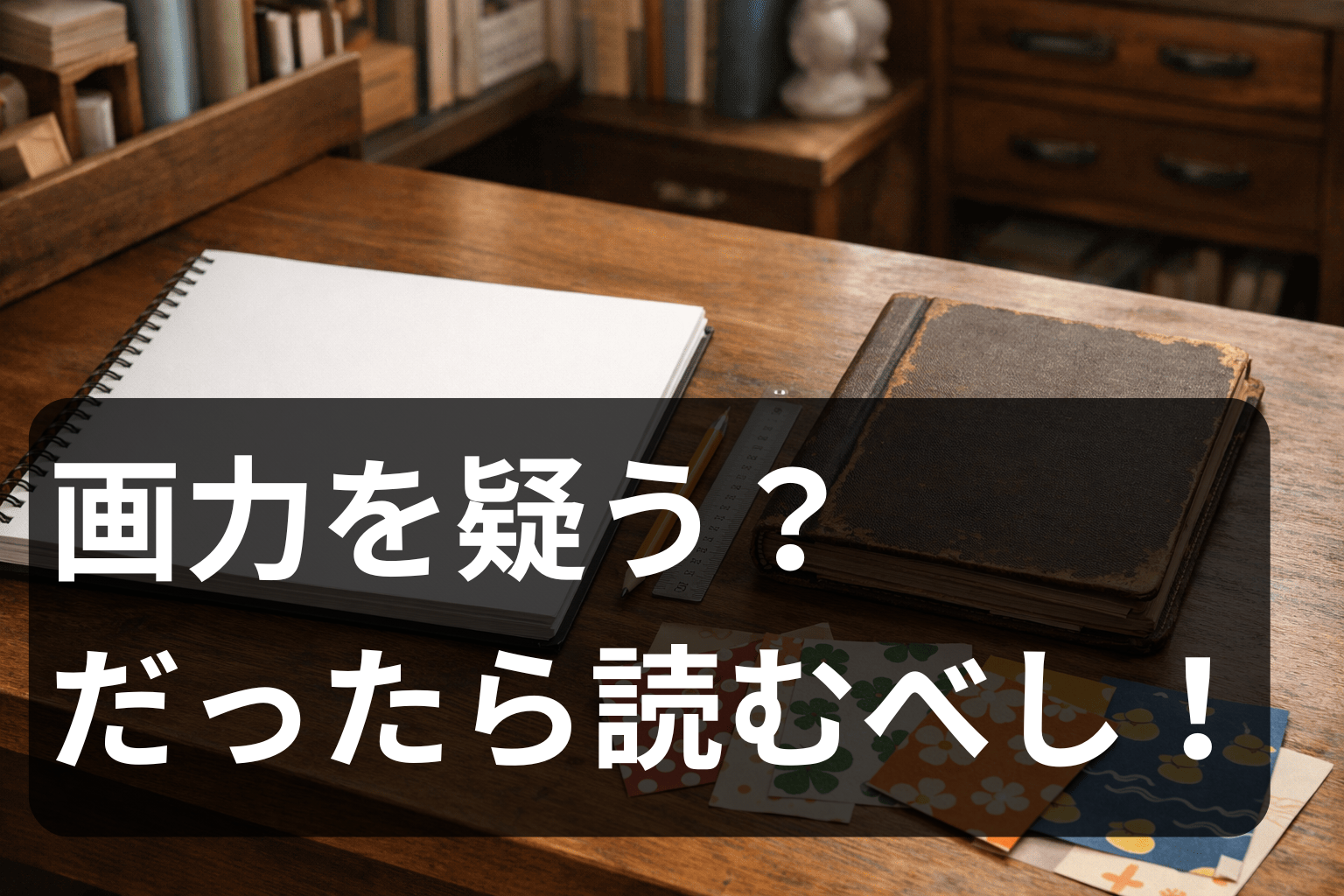 図案帳やスケッチブック、定規などが置かれた机上で、親しみやすい絵の背後にある専門的なデザイン教育を想起させるビジュアル