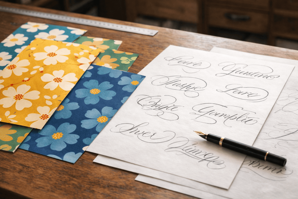 抽象柄の包装紙サンプルとレイアウト資料が並び、商業デザインにおける文字設計の重要性を想起させる机上イメージ