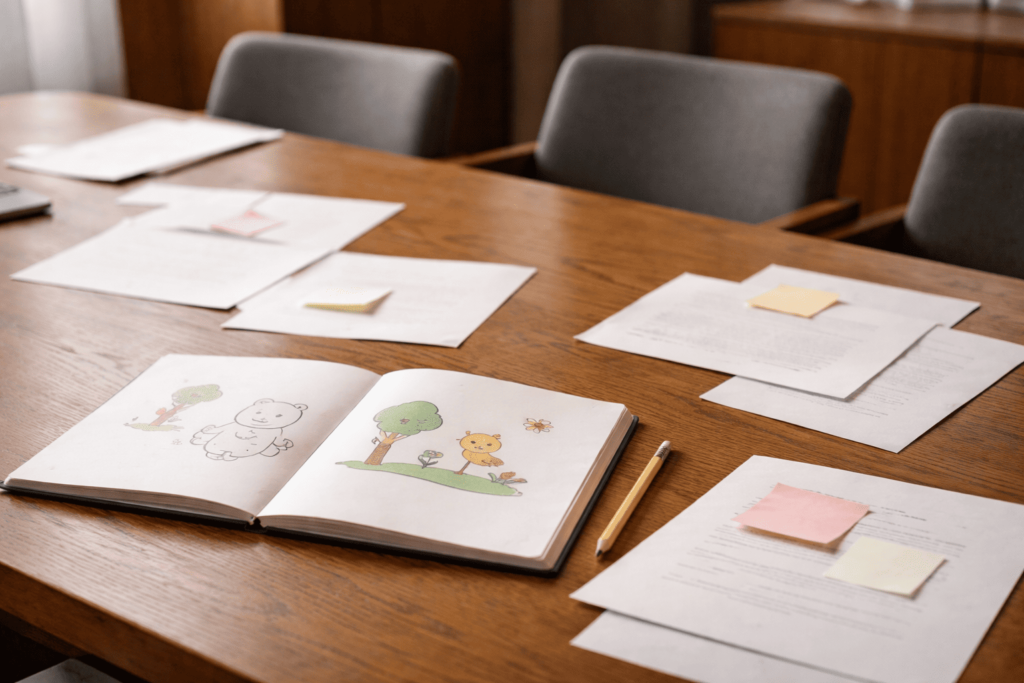 絵本ラフやメモが残る静かな会議室の机上が、初期に正しく評価されなかった作品の空気感を表している