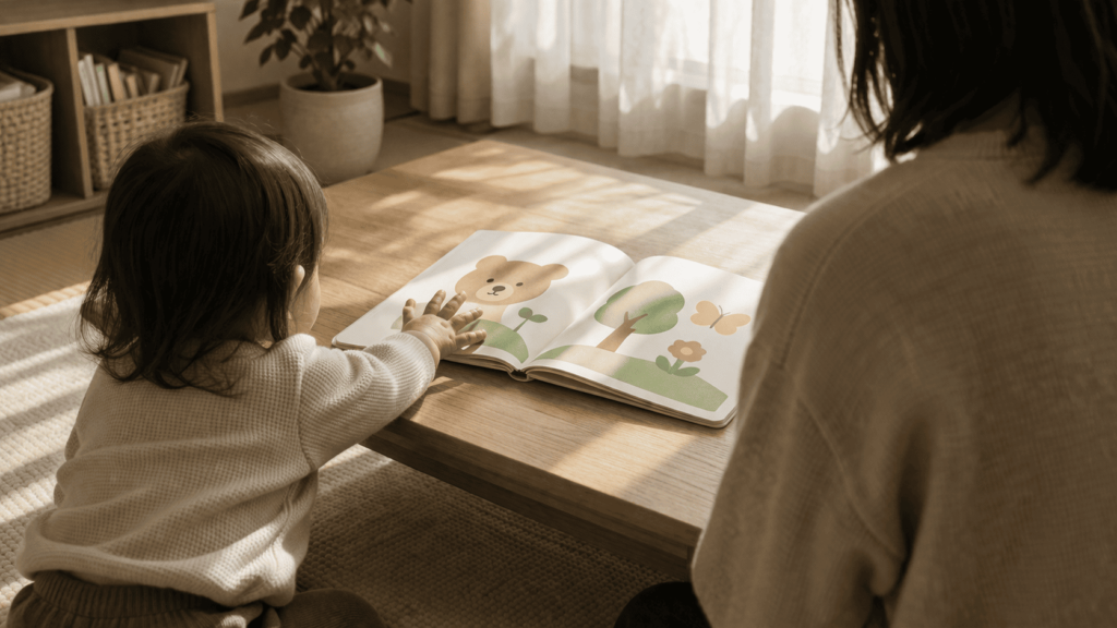 小さな子どもがシンプルな絵本に自然に手を伸ばし、直感的に受け入れる力を感じさせる後ろ姿中心の場面