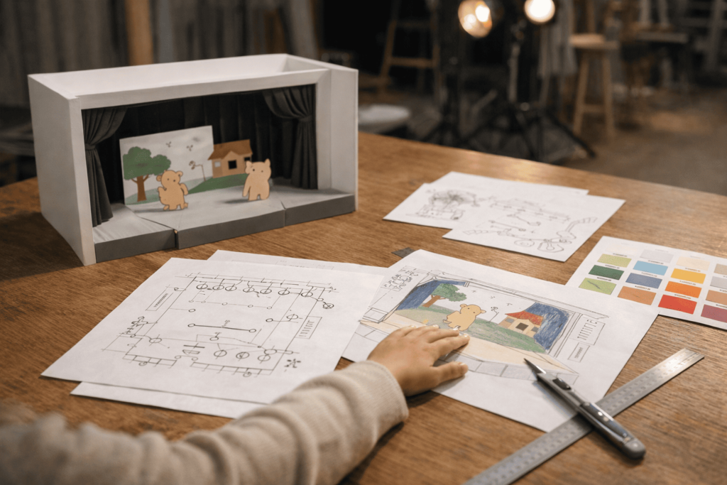 舞台模型や設計資料が並ぶ準備室の風景が、空間演出まで担う総合的なデザイン力を想起させる