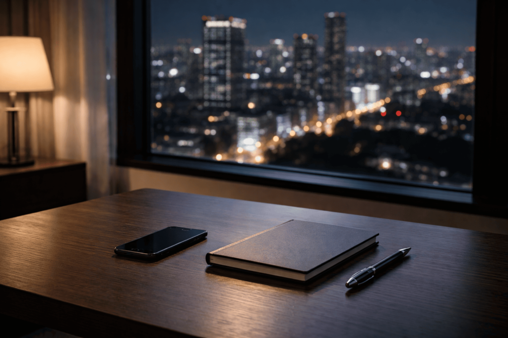 ノートや腕時計が置かれた静かな机が、時間の有限性と起業への決意を象徴しているイメージ