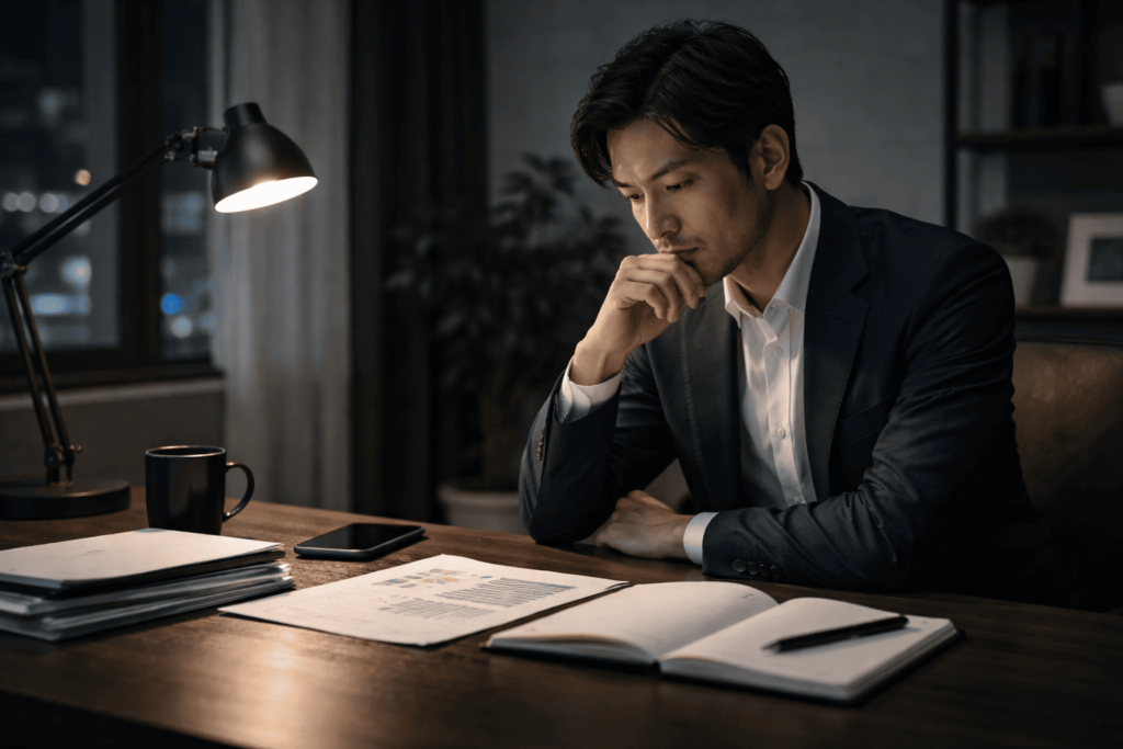 夜のオフィスで一人思索する男性が、重圧と葛藤を力に変えようとする姿を表しているイメージ