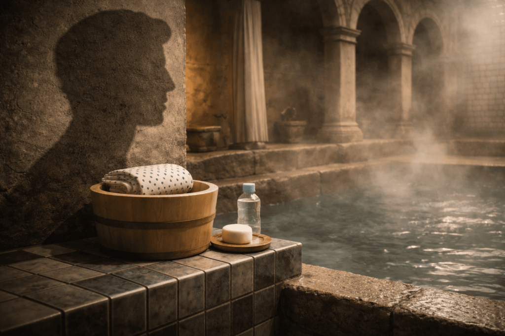 古代ローマ浴場と日本の銭湯文化が交差し、作品の視覚的説得力を象徴する湯気のある空間
