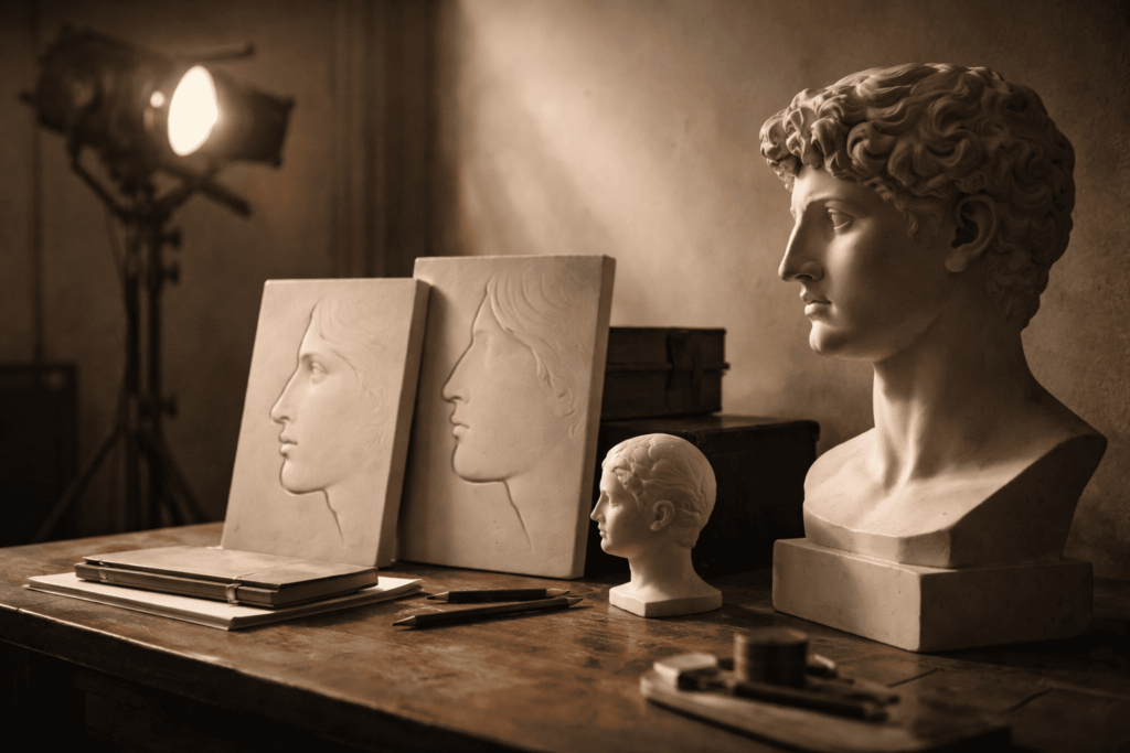 国境を越えて通用する立体的な骨格の印象を、横顔レリーフで象徴したシネマティックな空間