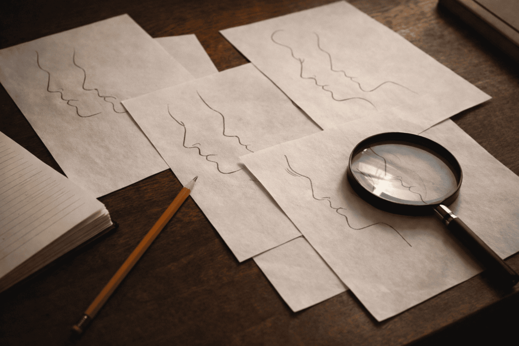 横顔の輪郭比較を通じて、似ている有名人検索の背景にある分析欲求を表したデスク風景