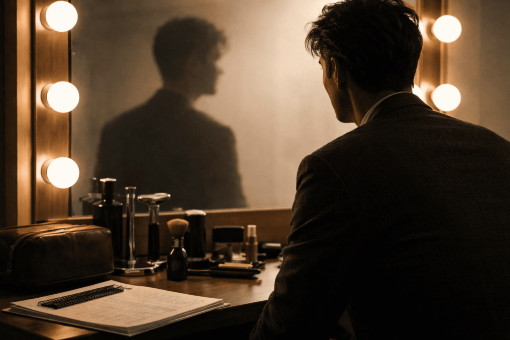 楽屋の鏡前で、整いすぎた美しさをあえて崩し渋みに変える俳優像を示すビジュアル