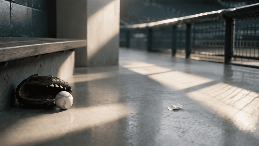 整った球場空間の中にある小さなゴミ片が、運を拾うという視点の転換を表している写真