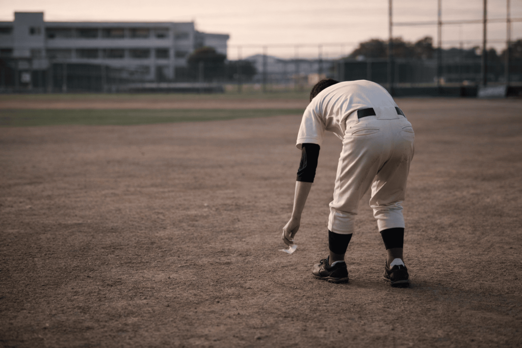 夕方の高校グラウンドで後ろ姿の人物が静かにゴミを拾い、自己規律を表している写真