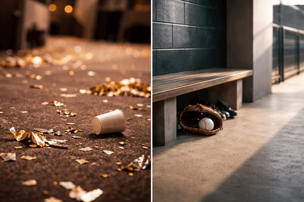 散らかったイベント空間と整ったスポーツ空間の対比が、言葉より行動の価値を表している